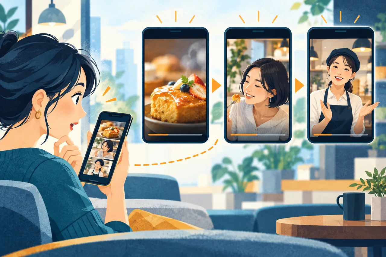 商品、サービスを利用する様子、スタッフの言葉を冒頭で見せる短尺動画のイメージ